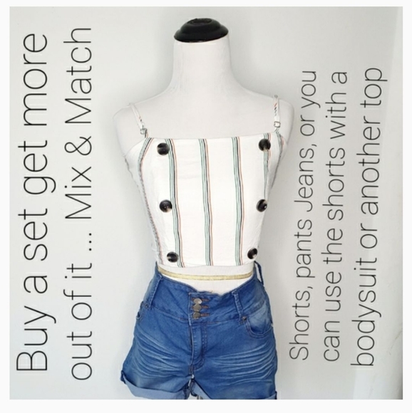 White Multi Stripes Top & Paper Bag Shorts Set - Picture 3 of 15